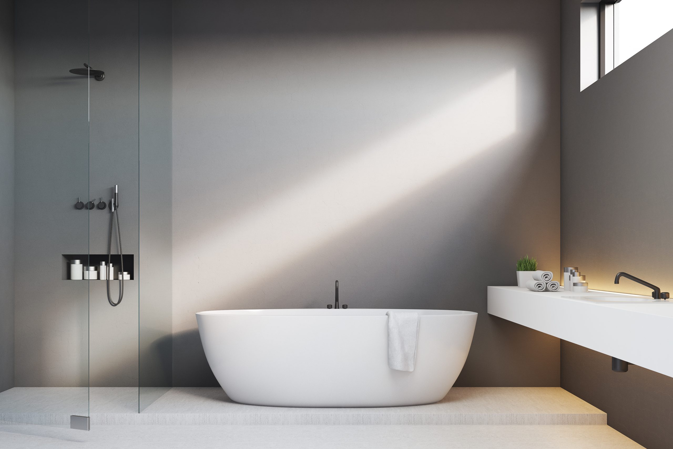 Luxury,Bathroom,Interior,With,Gray,Walls,And,A,Shower.,There